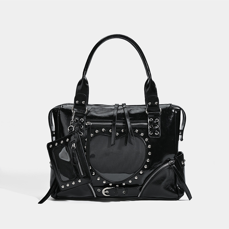 Leatherwork Rivets - パンクヒョウ柄リベットオートバイイタバッグ、大容量トートショルダーハンドバッグ、レトロブランド透明ポケットバッグ女性用