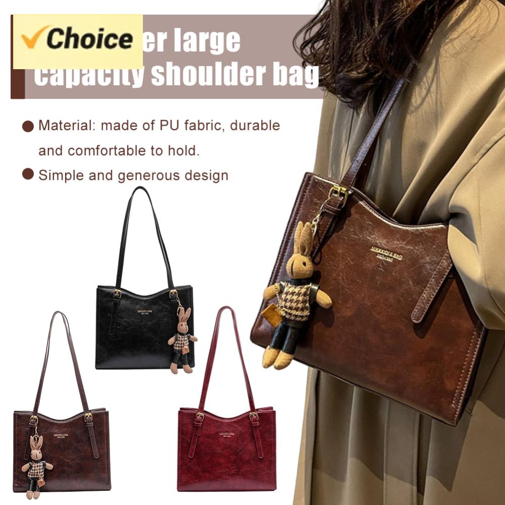 Leather Work Handbag - 女性ヴィンテージ通勤バッグファッションショルダーバッグ大容量カジュアルトートバッグPUレザーレトロハンドバッグ旅行仕事用