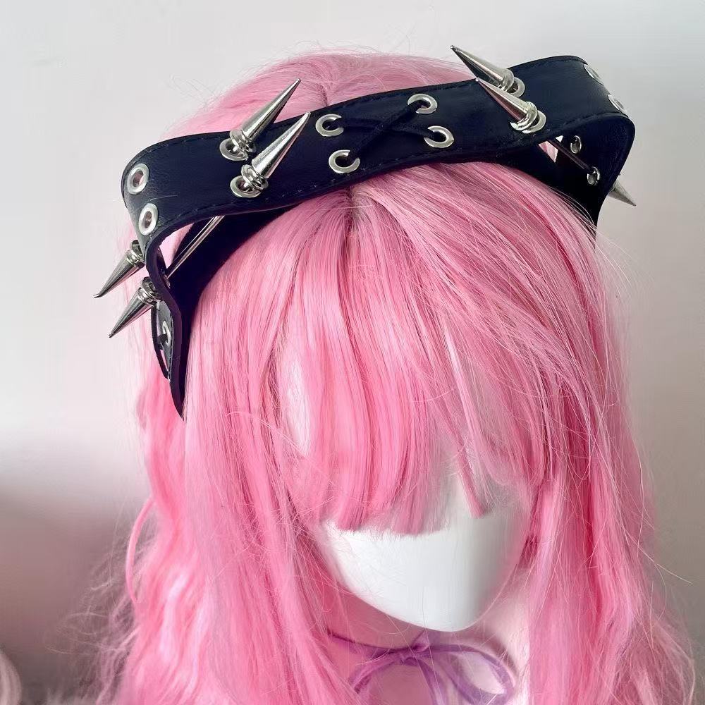 Leatherwork Rivets - パンク・ハラジュク・リベットヘッドバンド、Y2Kオルト・エステティック・スパイク・フェイクレザーヘアフープ、ダークゴシック・キャットイヤーヘアアクセサリー（男女兼用）