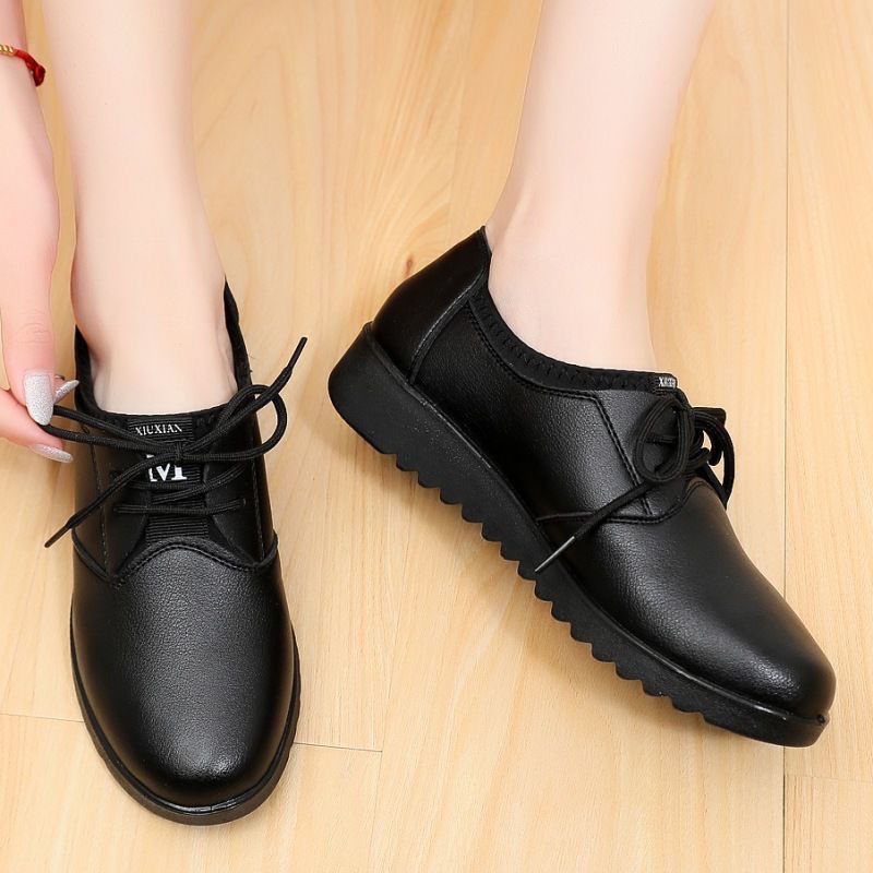 Leather Work Flats Women - ソリッドブラックオックスフォードシューズ 女性用ワークレザーウェッジフラットシューズ 女性用カジュアルレースアップスプリングシューズ 女性用キッチンノンスリップローファー