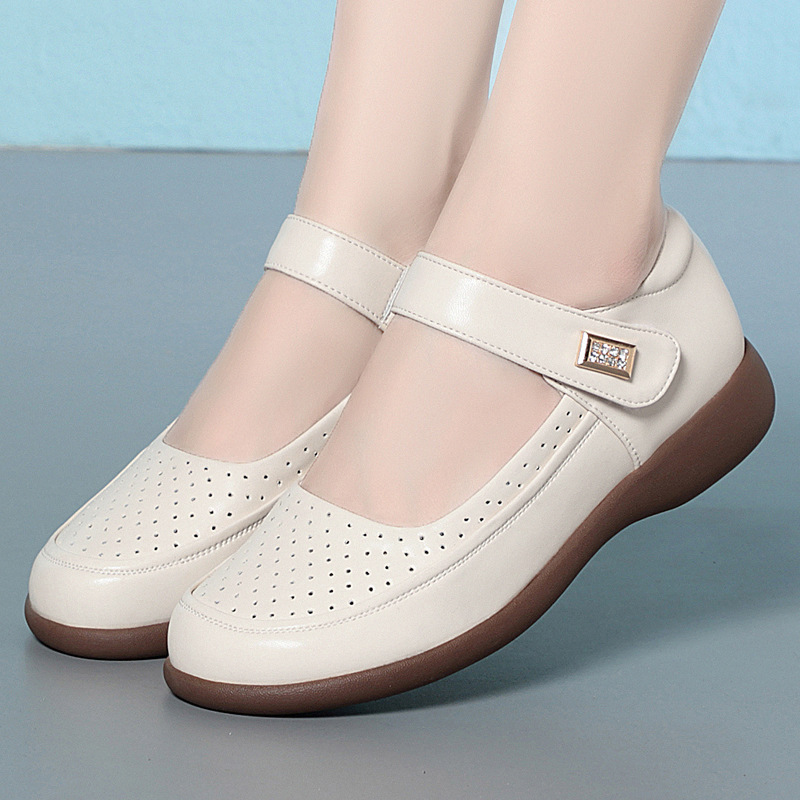 Leather Work Flats Women - 快適で通気性のある浅い本革シューズ、穴あきフラットシューズ、2026年夏秋カジュアルシューズ、オフィスや母親の仕事用の通気性のある靴