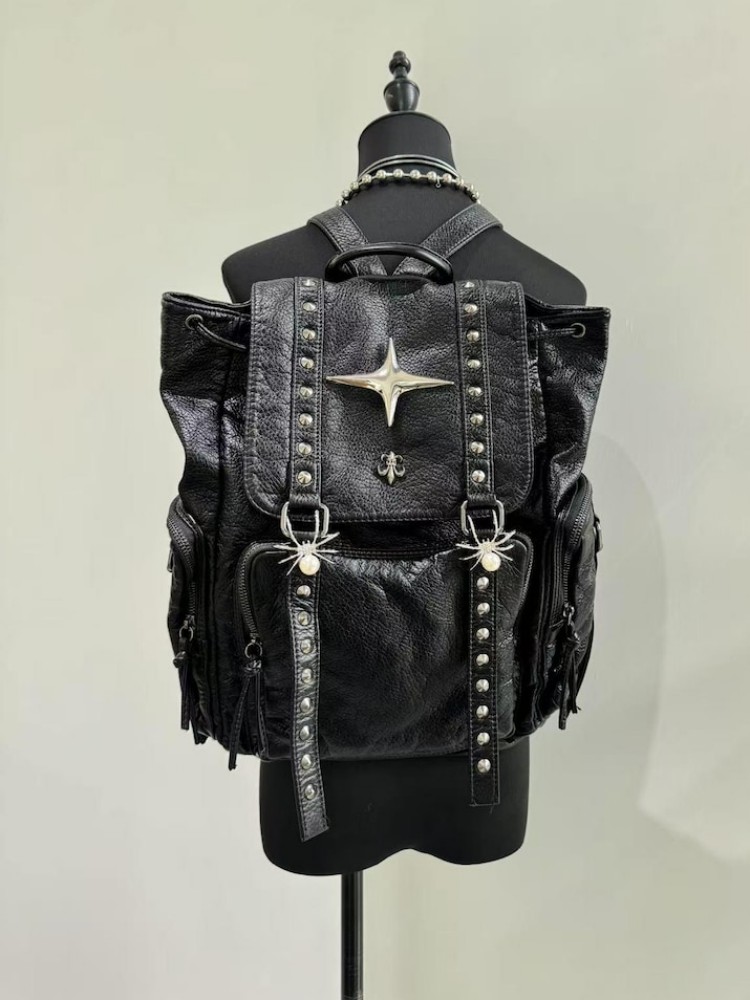 Leatherwork Rivets - ゴシックパンク Pu レザーショルダーバッグリベット Y2K バックパック女性のヴィンテージ原宿バックパック大学大容量バッグ