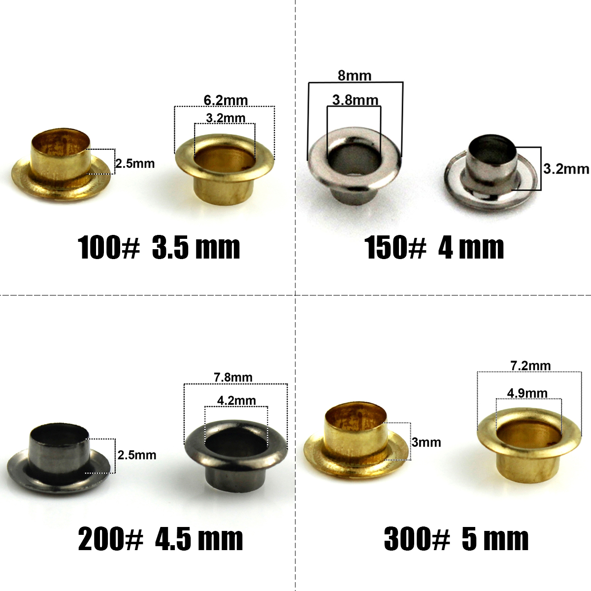 Leatherwork Eyelets - 100セット 4mm真鍮製アイレット（ワッシャー付き）革工芸修理用グロメット丸型アイリング 靴、バッグ、衣類、革ベルト、帽子用
