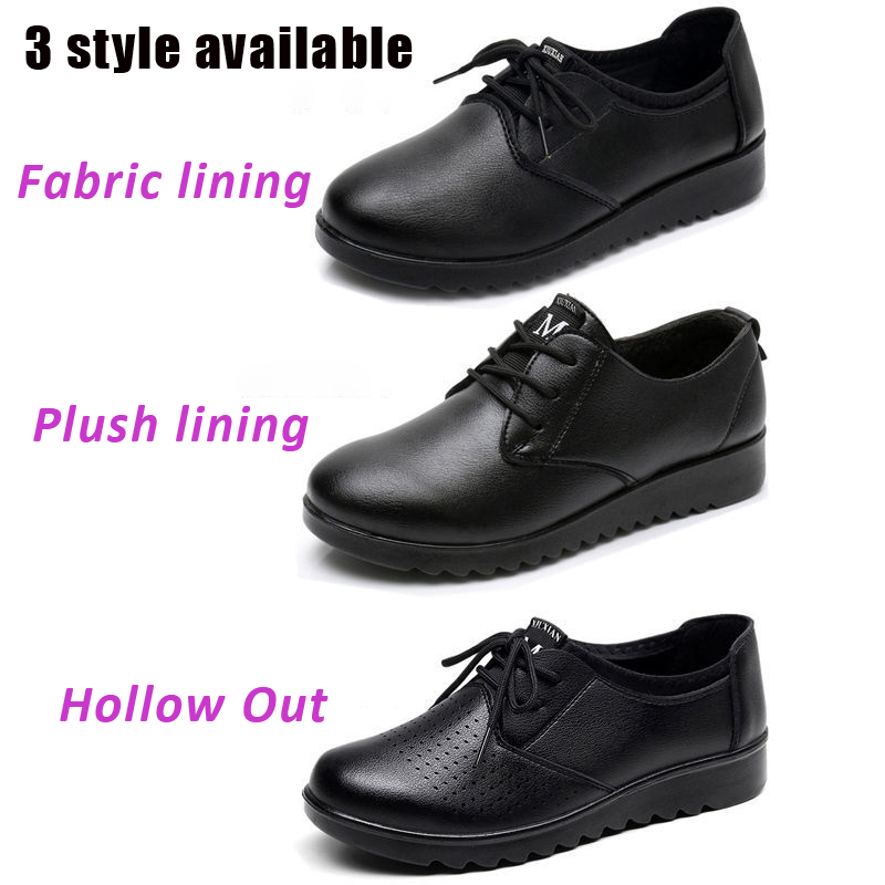 ソリッドブラックオックスフォードシューズ 女性用ワークレザー - Leather Work Flats Women のレビューと価格