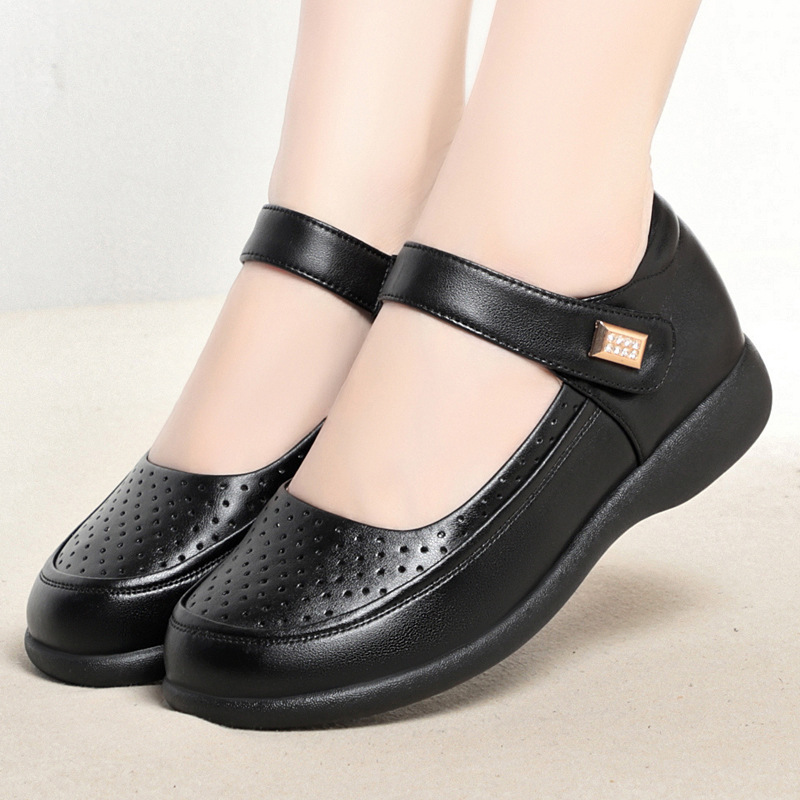 快適で通気性のある浅い本革シューズ、穴あきフラットシューズ、 - Leather Work Flats Women のレビューと価格