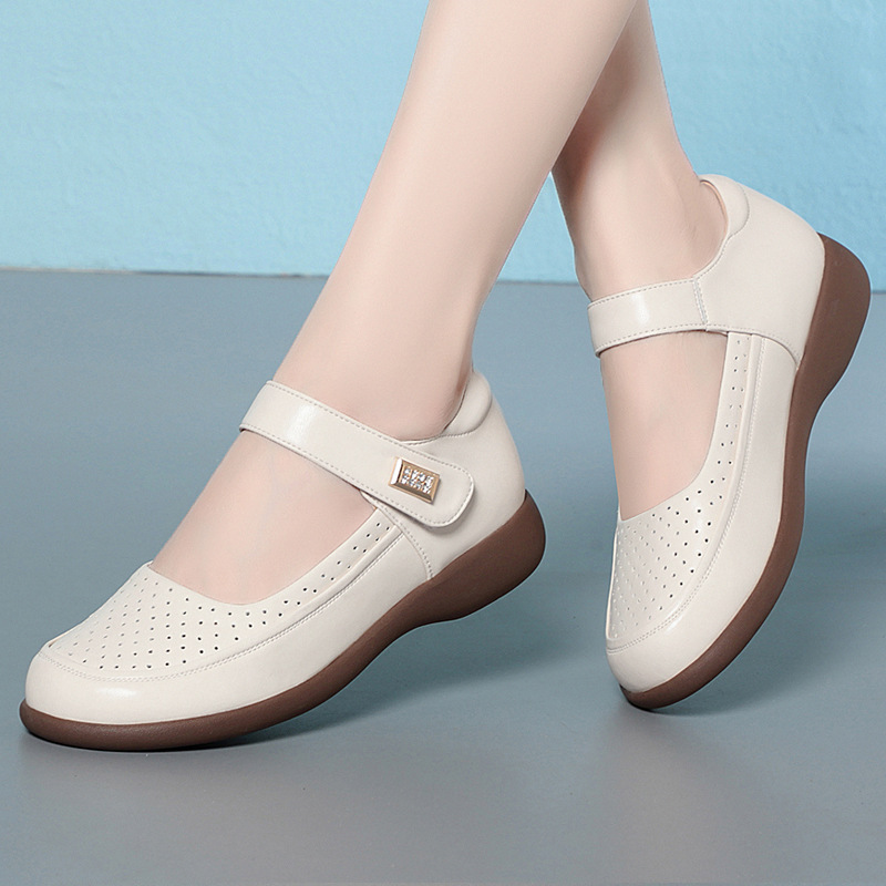 快適で通気性のある浅い本革シューズ、穴あきフラットシューズ、 - Leather Work Flats Women のレビューと価格