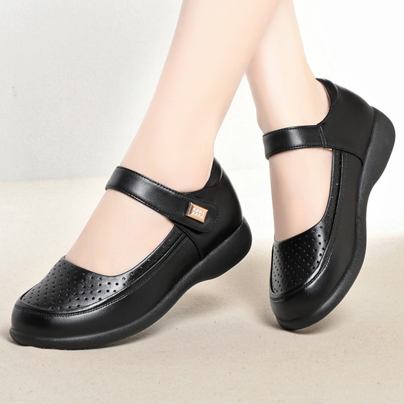 快適で通気性のある浅い本革シューズ、穴あきフラットシューズ、 - Leather Work Flats Women のレビューと価格