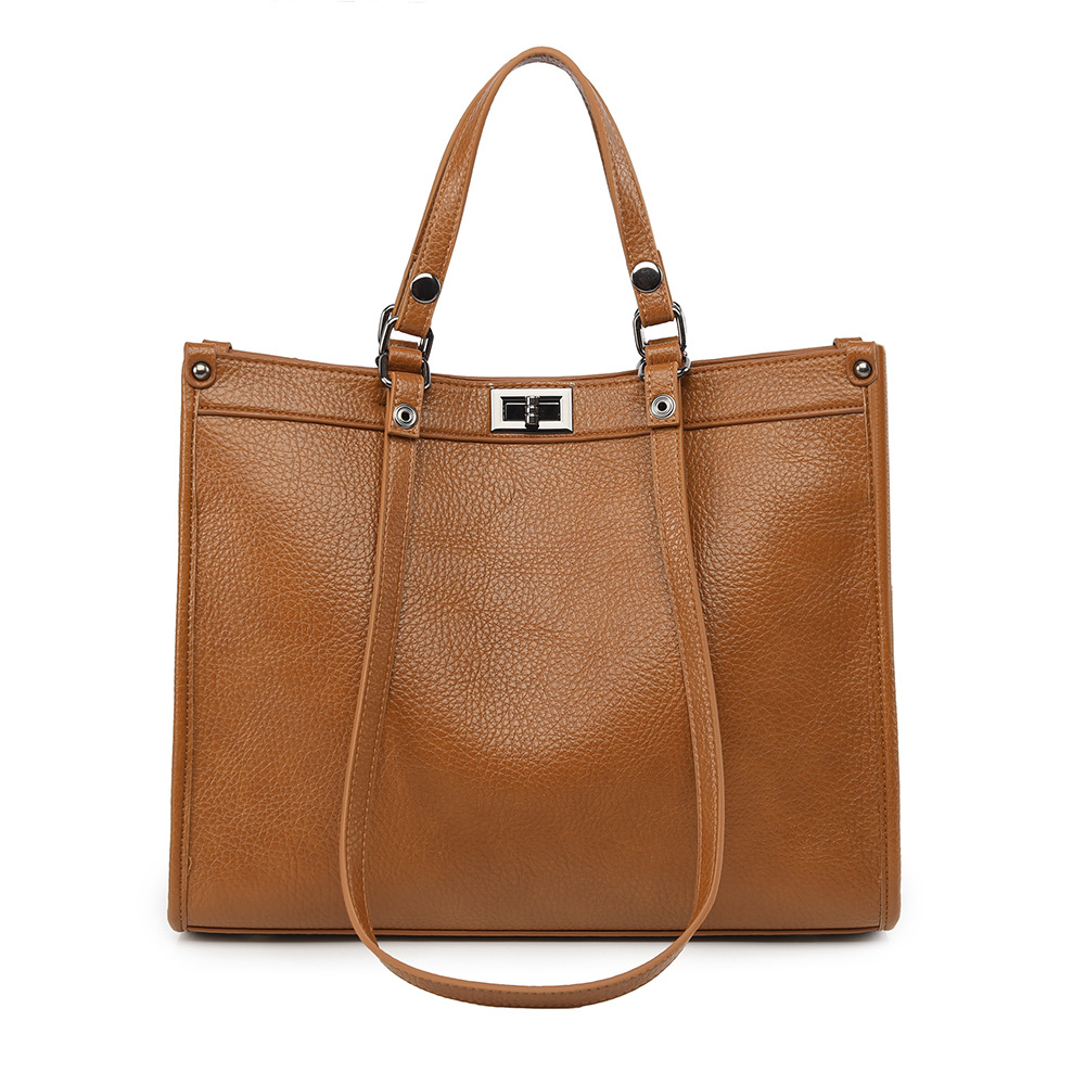 女性用大容量トートバッグ PUレザー 回転ロック付きハンドバ - Leather Work Handbag のレビューと価格