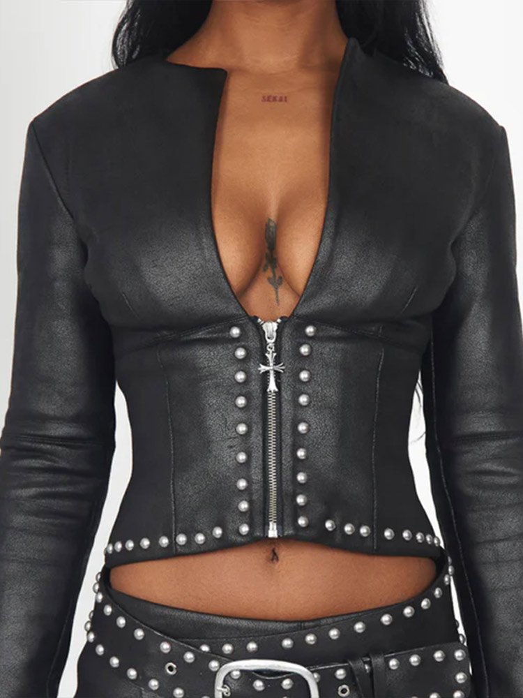 ファッションリベット装飾PUレザージャケットスカートスーツ女 - Leatherwork Rivets のレビューと価格