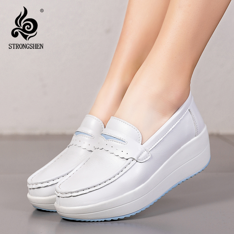 Strongshen-女性のためのプラットフォームウェッジカ - Leather Work Flats Women のレビューと価格