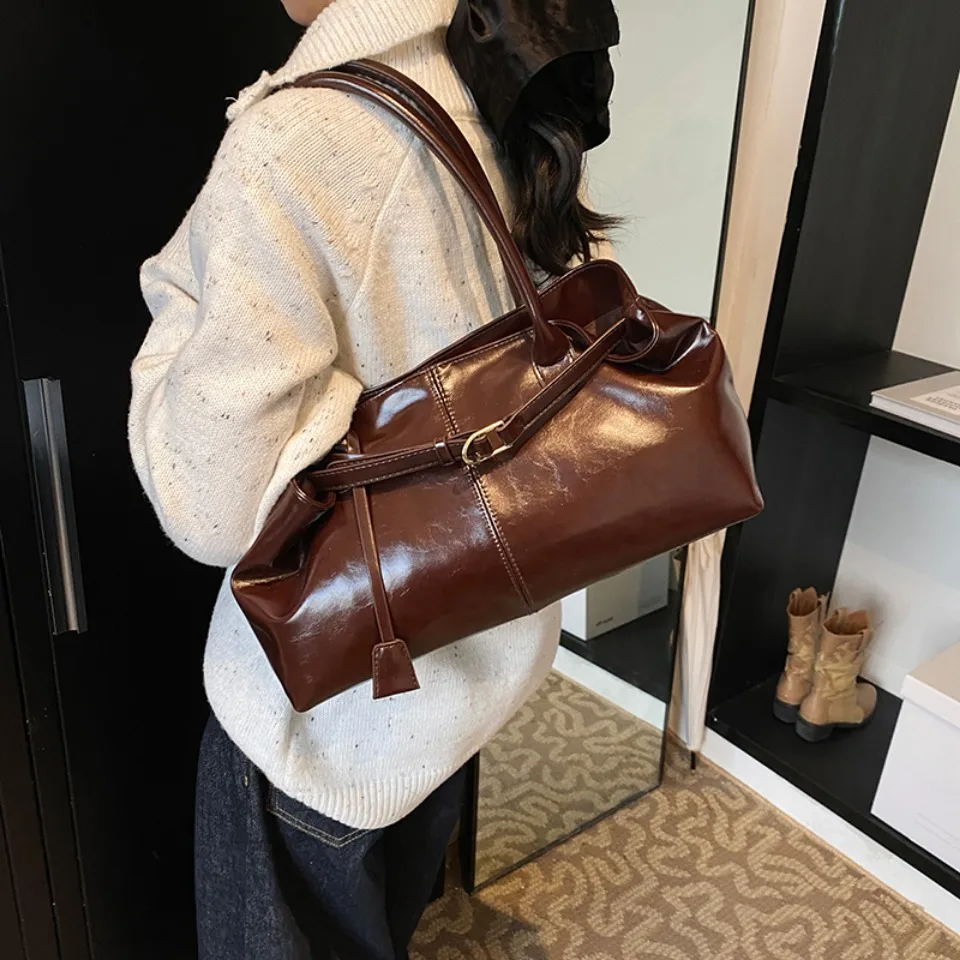 冬用オイルPUレザーホーボーハンドバッグショルダーバッグレト - Leather Work Handbag のレビューと価格