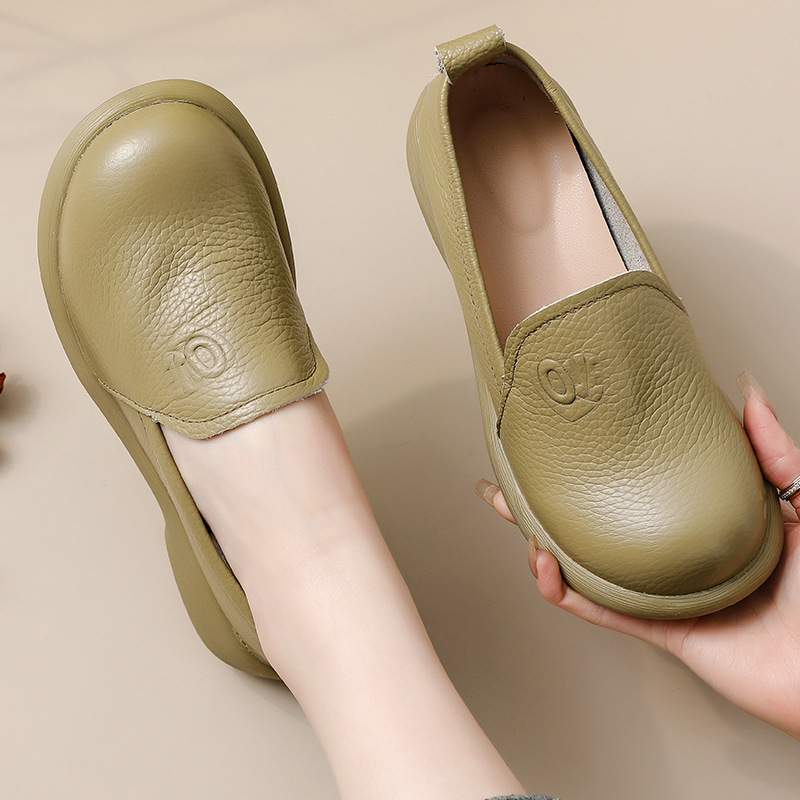 女性用本革モカシン,レトロな丸いつま先,滑り止めフラット,毎 - Leather Work Flats Women のレビューと価格